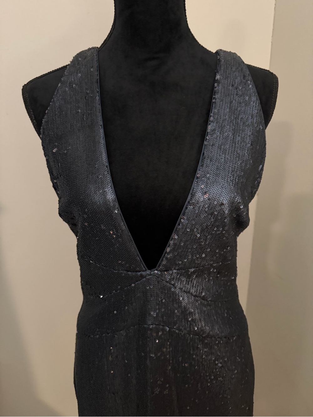 Halston Heritage Deep Slate Blue Sequin Deep V Front Dress, size 10 EUC - Picture 3 of 6